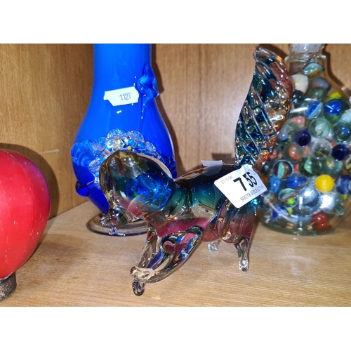 755 - Collection of colorful studio art glass ornaments including vases, animal figures, and a bottle fill... 