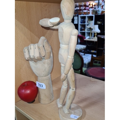 783 - Wooden artist's mannequin and hand model set. Includes a decorative red apple.