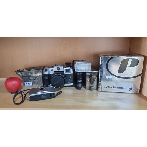 813 - Vintage camera collection includes Olympia NK3030, compact Newpic 405 AF, metal film canister, and P... 