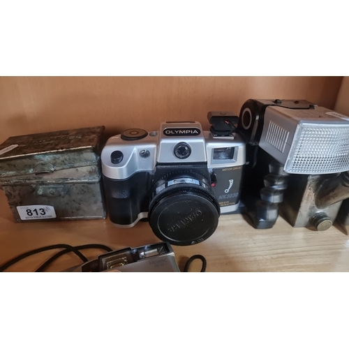 813 - Vintage camera collection includes Olympia NK3030, compact Newpic 405 AF, metal film canister, and P... 