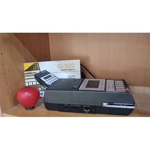 816 - Portable cassette recorder C-102 with owner's manual, featuring volume and tone control, condenser m... 