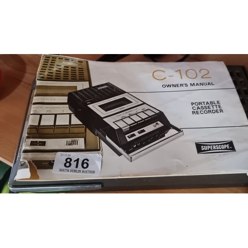 816 - Portable cassette recorder C-102 with owner's manual, featuring volume and tone control, condenser m... 