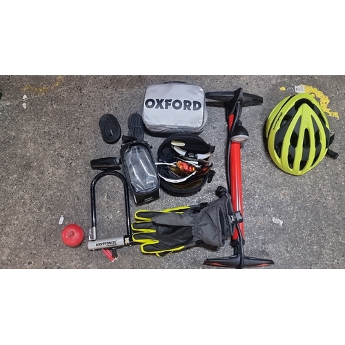 818 - Bicycle accessory set includes Oxford toolkit, Kryptonite lock, green helmet, Fitfort saddlebag, tir... 