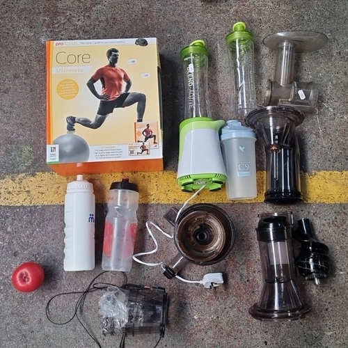 836 - Mixed lot including Pro-Active Core Ultimate workout guide, various juicer parts, Blend Active bottl... 