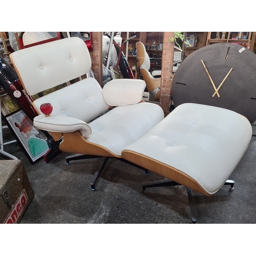 1104 - Super star lot: A fabulous high end  showhouse white leather and stool after charles eames .