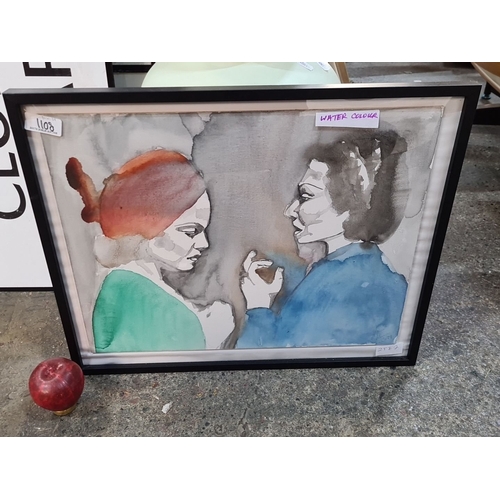 1108 - An intriguing watercolor on canvas board painting. Features two women in conversation. Rendered in b... 