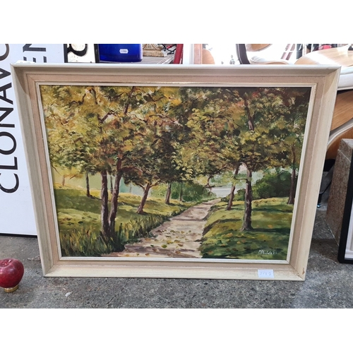 1109 - An original 'P Donfield' oil on board painting. Features a serene landscape scene with a tree lined ... 