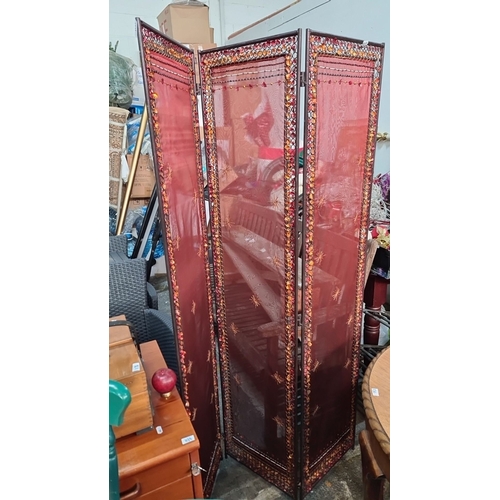 1131 - Three-panel room divider with intricate bead embellishments and rich red fabric. Reflects a contempo... 