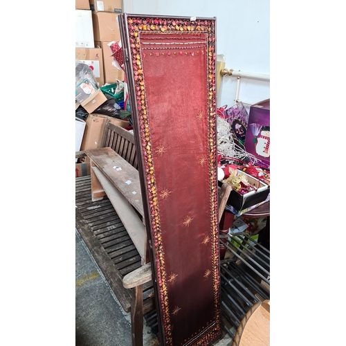 1131 - Three-panel room divider with intricate bead embellishments and rich red fabric. Reflects a contempo... 