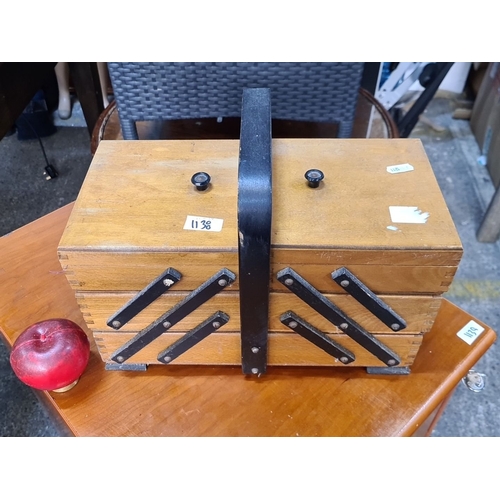 1138 - Vintage wooden sewing box with extendable compartments, filled with assorted sewing notions. Feature... 