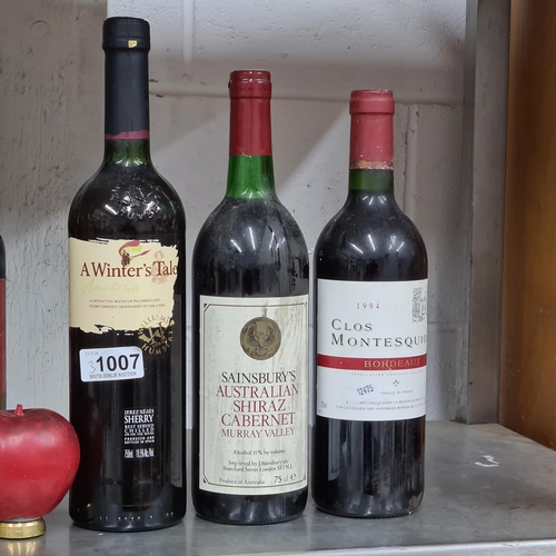 1007 - Three bottles of wine including a 75cl  bottle of Australian Shiraz Cabernet, a 750ml bottle of A Wi... 