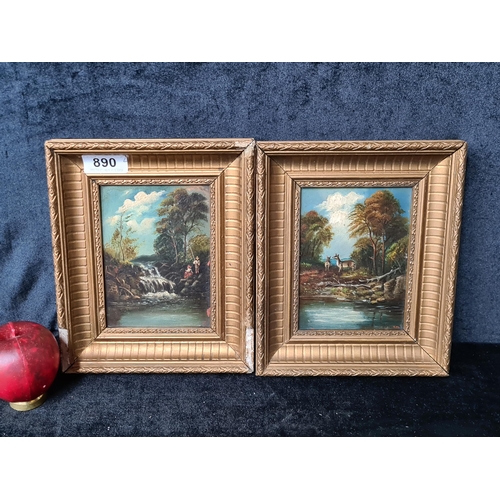 890 - Two charming antique oil on board paintings of intricately detailed forest scenes. In one, two figur... 