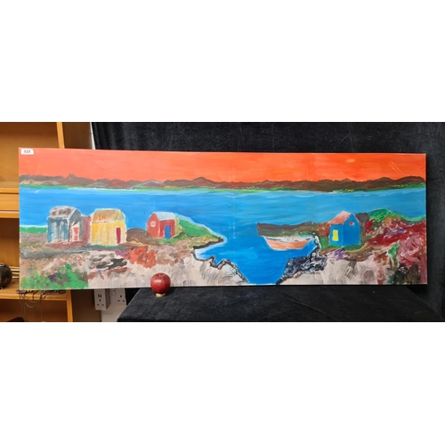 925 - A large original vibrant acrylic on canvas painting. Features a coastal landscape scene with cottage... 