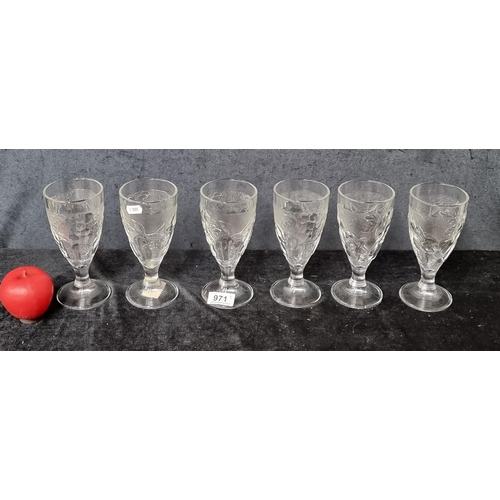 971 - A striking set of six vintage luminarc French stemmed glasses boasting etched floral detail to high ... 