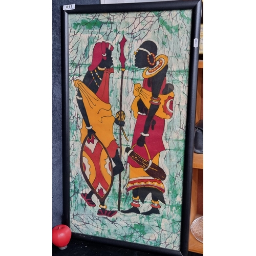 1263 - A charming hand painted batik on fabric painting. Features native African figures. In lovely greens,... 