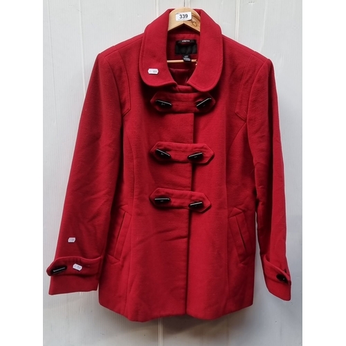 1304 - Style & Co women's large red coat, double-breasted toggle closure, polyester blend with faux fur tri... 