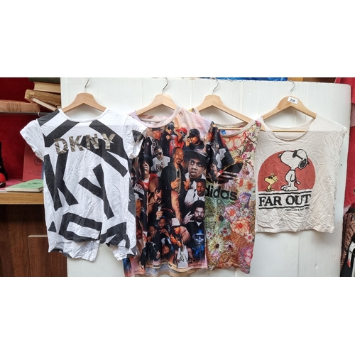 1306 - Set of four graphic t-shirts featuring DKNY, Adidas, and Snoopy designs. Includes Adidas label with ... 