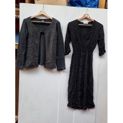 1307 - A classic Gallery black linen dress, size uk 6, along with a designer NÜ cardigan with gilt detailin... 