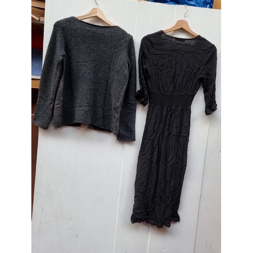 1307 - A classic Gallery black linen dress, size uk 6, along with a designer NÜ cardigan with gilt detailin... 