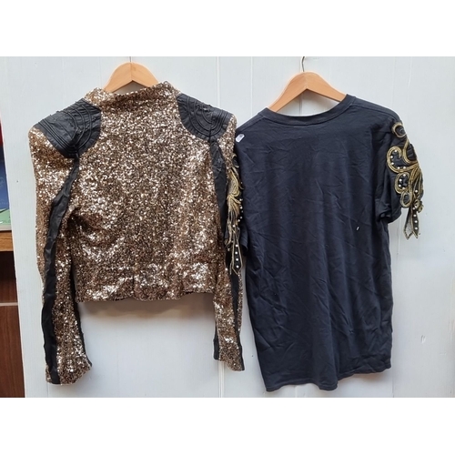 1308 - Gold sequined jacket with black leather accents, includes a navy T-shirt with gold embroidered sleev... 