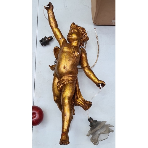 1357 - Star Lot : A fabulous Antique 1920s Gilded cherub light fixture with frosted glass flower elements.
... 