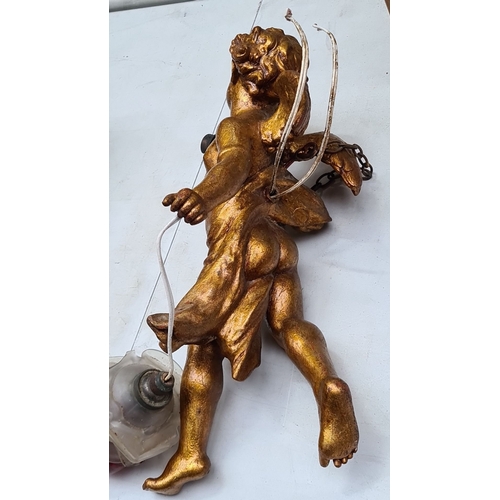 1357 - Star Lot : A fabulous Antique 1920s Gilded cherub light fixture with frosted glass flower elements.
... 