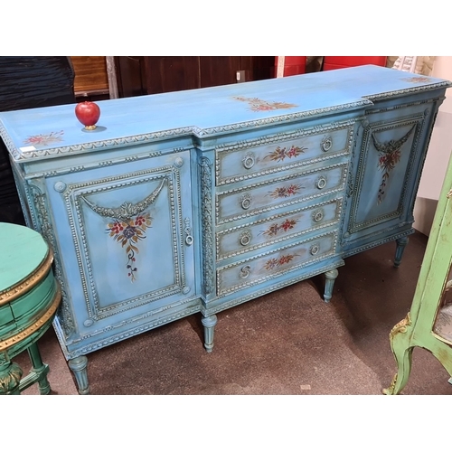 1382 - Star Lot : A superb Hand-painted blue washed sideboard featuring floral motifs, intricate detailing,... 