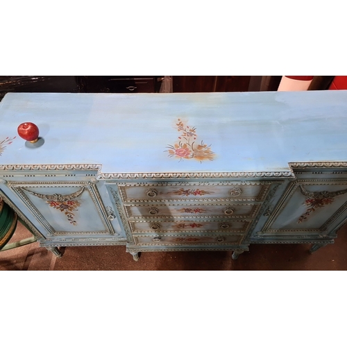 1382 - Star Lot : A superb Hand-painted blue washed sideboard featuring floral motifs, intricate detailing,... 