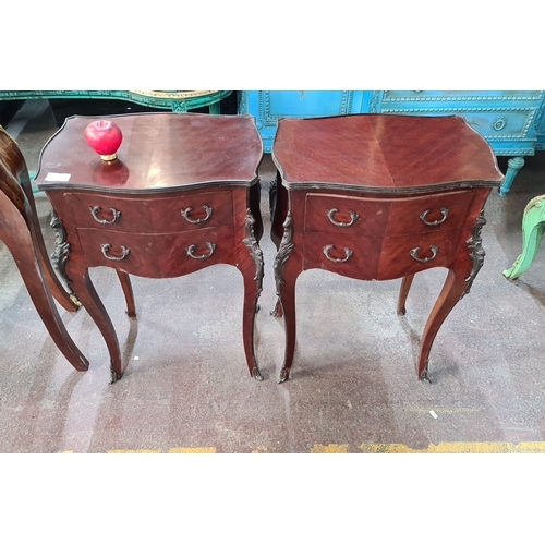 1385 - Star Lot : Pair of lovely French side tables with ornate ormolu metal handles and carved legs, featu... 