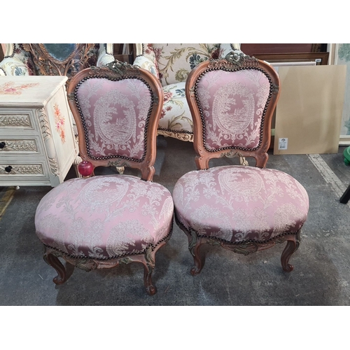 1387 - Star lot : Pair of lovely  Victorian-style upholstered chairs with carved wood frames, featuring orn... 