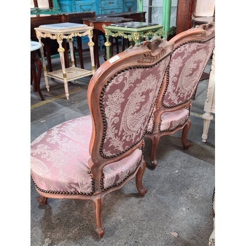 1387 - Star lot : Pair of lovely  Victorian-style upholstered chairs with carved wood frames, featuring orn... 