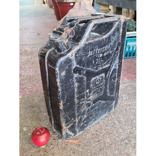 1392 - Vintage Jefferson 20L metal jerry can, featuring a rugged design and embossed branding.
Previous in ... 