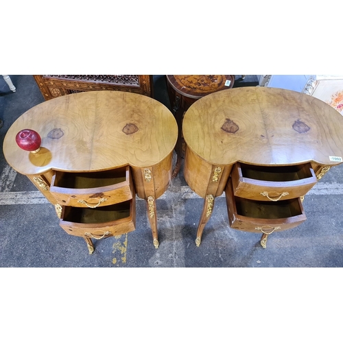 1398 - Star Lot ; A lovely Pair of Louis XV-style side tables in burr wood with ornate gilt ormolu mounts, ... 