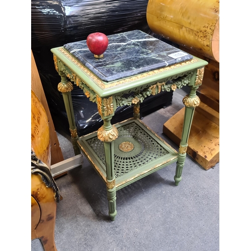 1218 - Star Lot : A fabulous Baroque style side table with a cold Italian marble top and caned shelf beneat... 