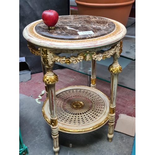 1221 - Star lot : A fabulous round Baroque style side table with a cold Italian marble top and caned shelf ... 