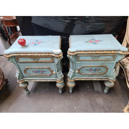 1227 - Star Lot : A very sweet pair of antique French style bedside cabinets. Features pull out drawers and... 