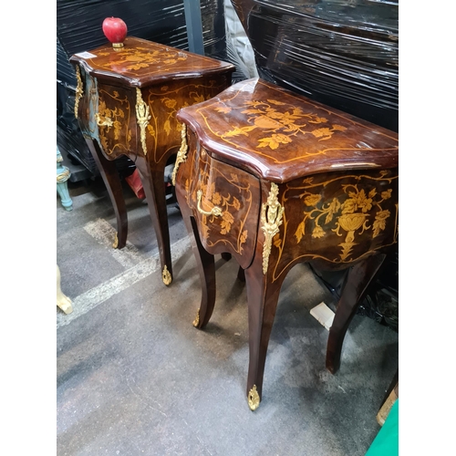 1229 - Star Lot : An incredible pair of Louis XV Style night stands. Features ormolu accents, one pull out ... 