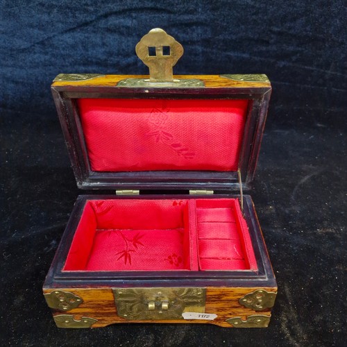 179 - A very pretty Chinese rosewood jewellery box with carved Jade cartouche and intricate brass hardware... 