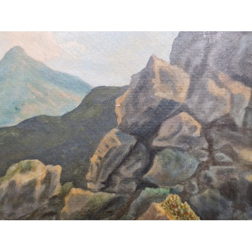 101 - Star lot : An original antique oil on canvas painting depicting a mountainous landscape scene with h... 