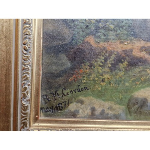 101 - Star lot : An original antique oil on canvas painting depicting a mountainous landscape scene with h... 