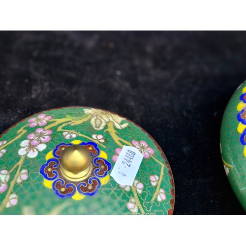 151 - Star Lot : A lovely  pair of Cloisonne enamelled Chinese lidded jars sat on hand carved Rosewood bas... 