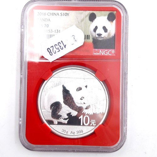 626 - A 2016 Chinese Panda 30 grams encapsulated pure silver coin. MS70 graded.