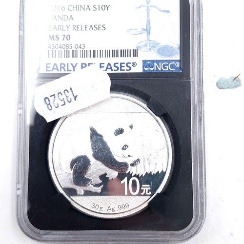 627 - A 2016 Chinese Panda 30 grams early release encapsulated pure silver coin. MS70