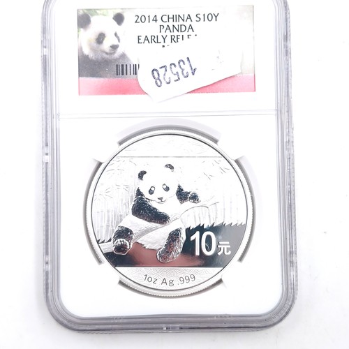 628 - A 2014 Chinese Panda one ounce early release encapsulated pure silver coin .999. MS 70