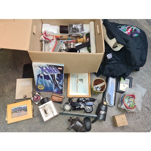 683 - A large box of mixed miscellaneous items includes  sharp portable mini disc player, ninja model moto... 