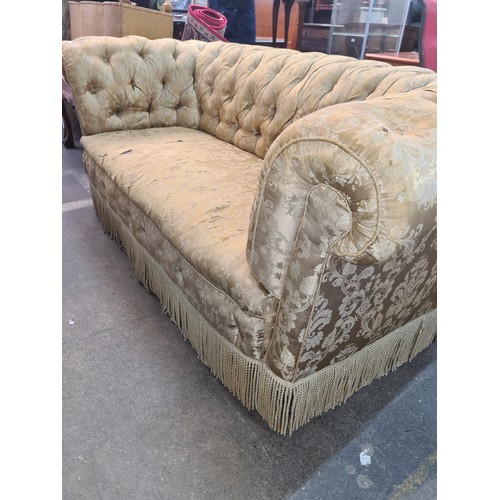 654 - Star Lot : A fabulous roll back Victorian Chesterfield button sofa / couch features luxurious silk d... 