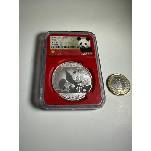 626 - A 2016 Chinese Panda 30 grams encapsulated pure silver coin. MS70 graded.