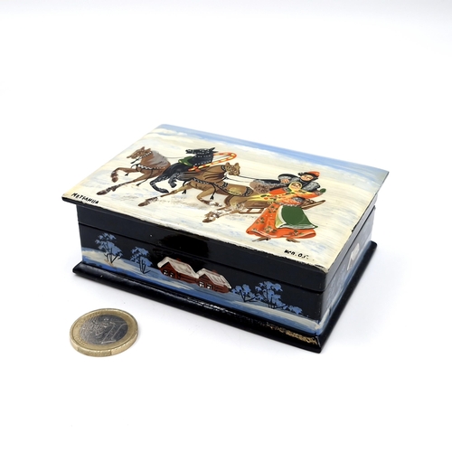 2 - An attractive Russian hand painted lacquered trinket box with artist's signature. Dimensions: 10 x 7... 