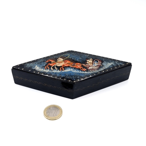 3 - A hand painted Russian lacquered box in diamond form. Dimensions: 15 x 7 cms.