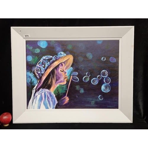 74 - A vibrant original acrylic on canvas painting titled 'Blowing Bubbles'. Features a portrait of a you... 